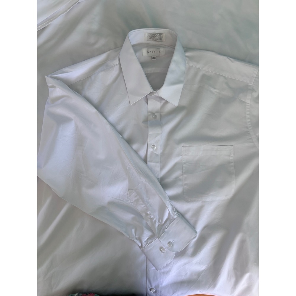 Marquis Mens White Long Sleeve Button Down Dress Shirt 19.5 34-35 Single Needle